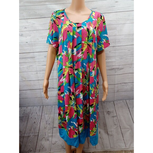 Kim Rogers Stretch Dress Pink Blue Watercolor Floral Pleated Short Sleeve 2X - Picture 1 of 11